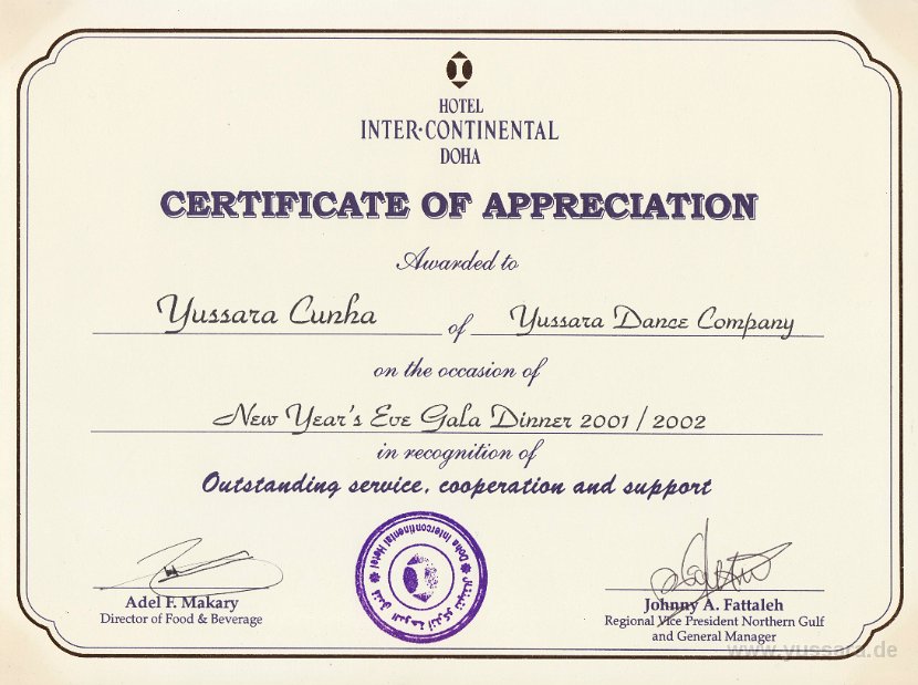 Certificate of Appreciation, Awarded to Yussara Cunha, Inter-Continental Doha